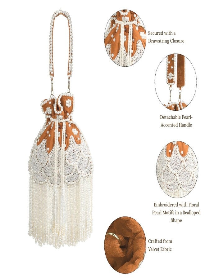 Anekaant Dewdrop Fringe Orange Velvet Embellished Potli For Women | Wedding & Festive Bag - Image 4